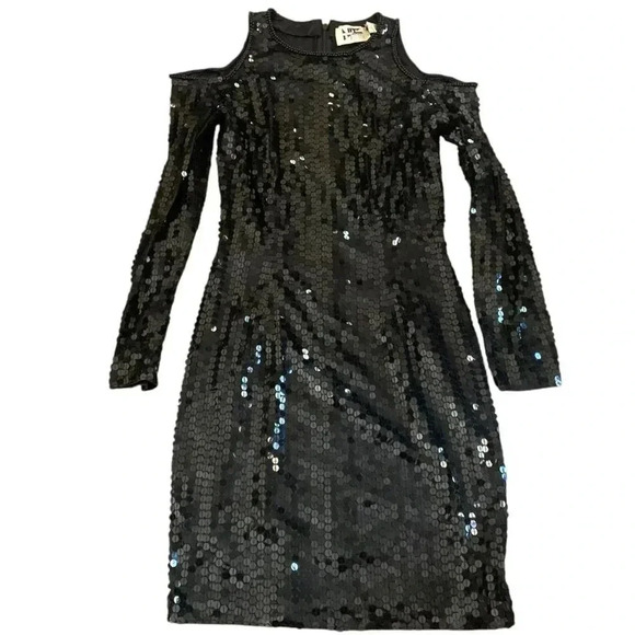 1990s Vintage Black Sequin Cold Shoulder Cocktail Dress - Picture 1 of 3